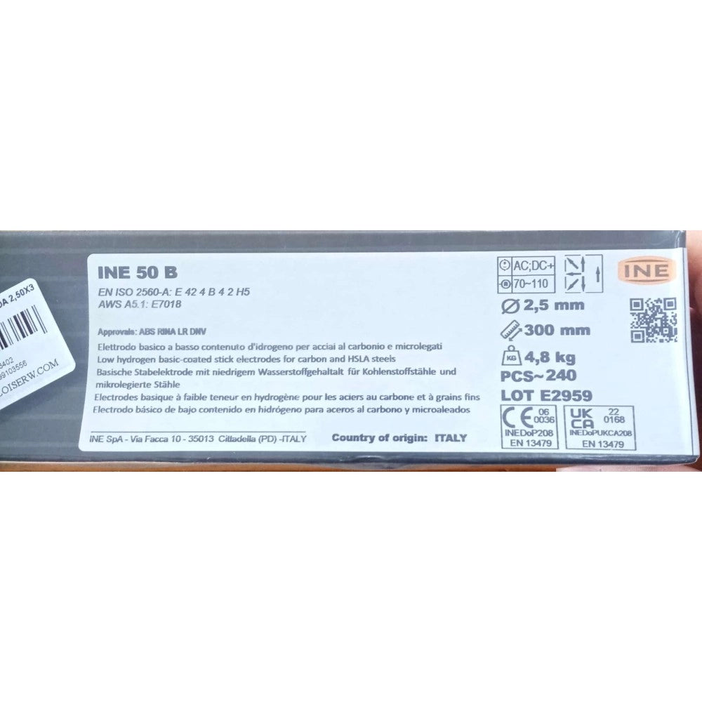 Elettrodo basico ine 50 b e7018 da 2,5 x 300mm colore grigio per la saldatura di acciaio al carbonio e microlegati -