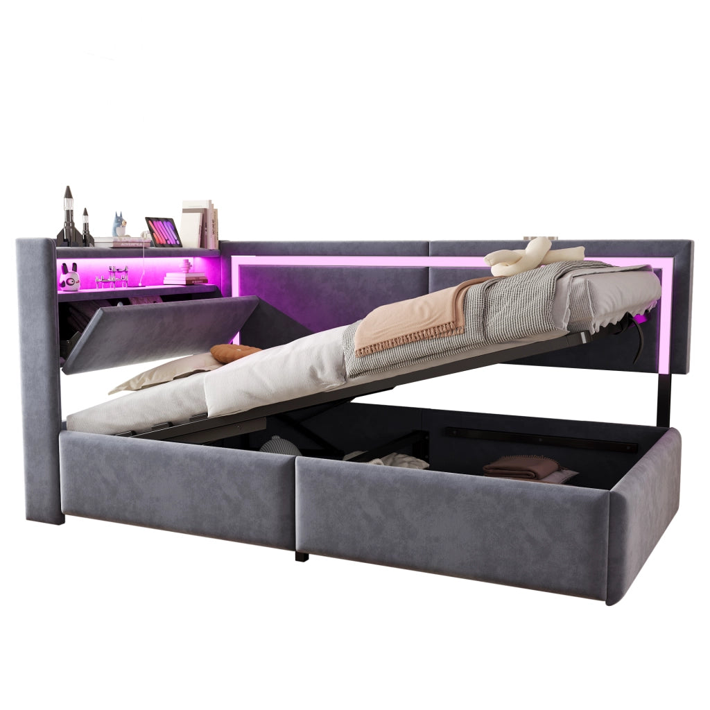 DESMIU Letto 90 × 200 cm 1 posto con LED, USB, contenitore idraulico e vano, senza materasso, velluto grigio