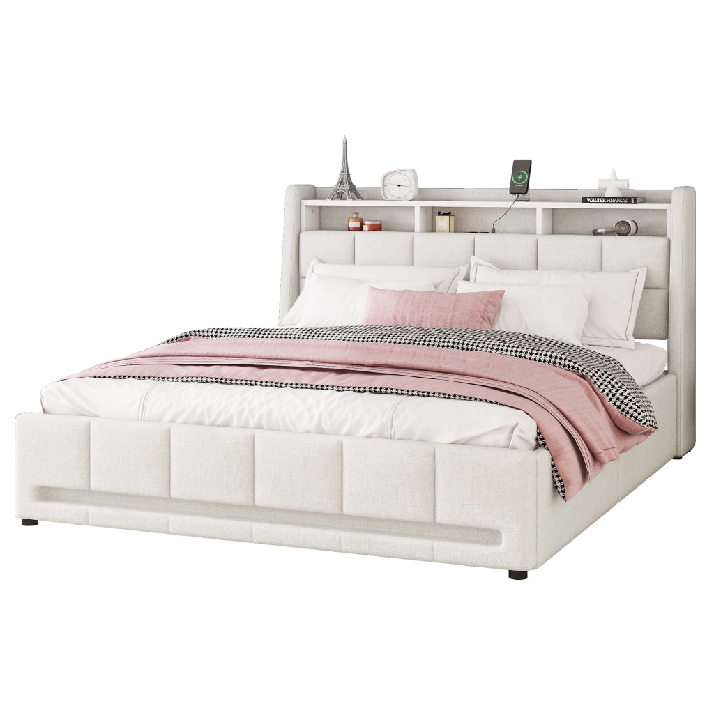 Letto imbottito 140x200 cm beige con LED, USB e 2 cassetti
