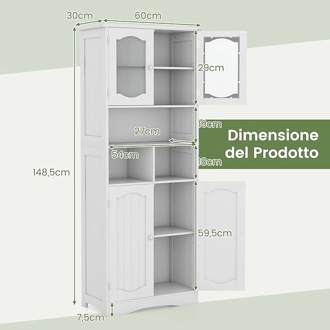 Armadietto Salvaspazio 60 x 30 x 148,5cm, Mobile Bagno con Scomparti Aperti, Scaffafli Regolabili e 2 Porte in Vetro Temprato, Armadio da Bagno per Ufficio, Soggiorno e Camera da Letto, Bianco