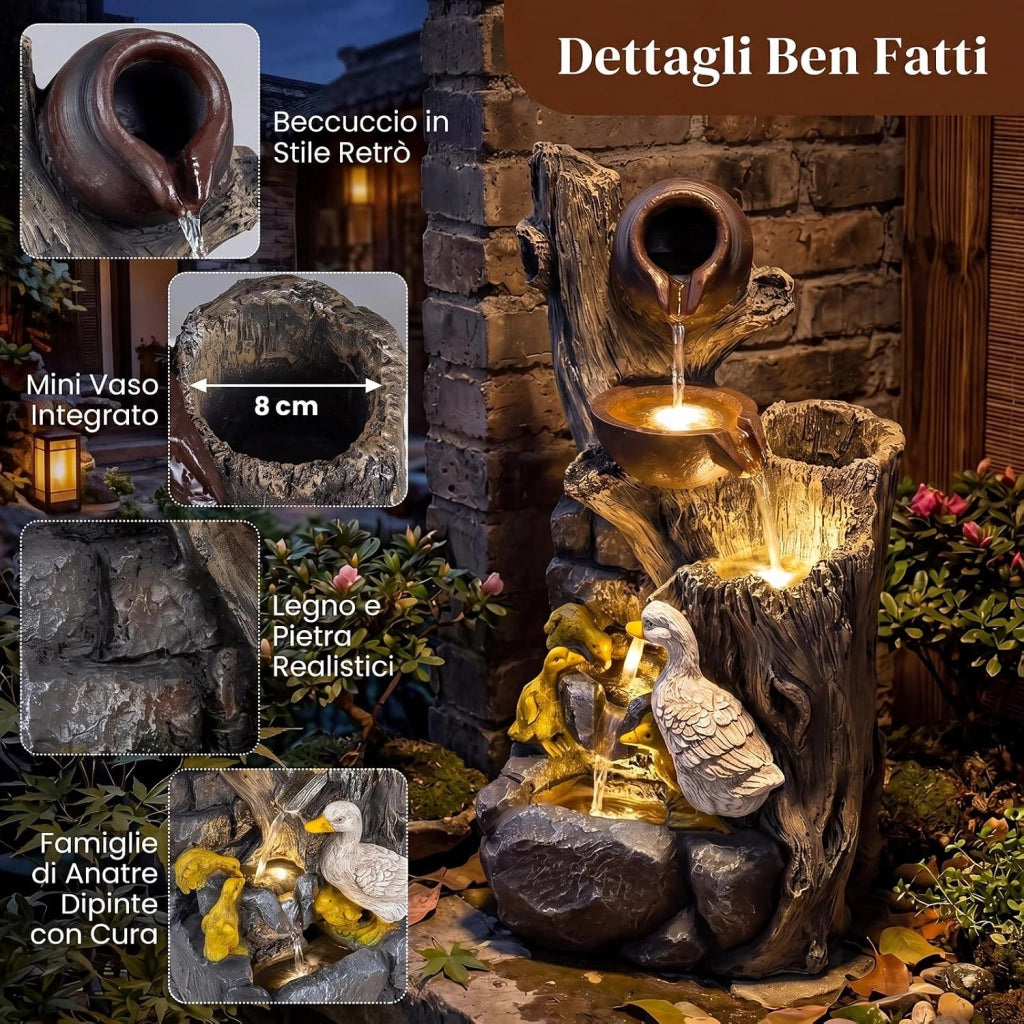 Fontana a Cascata da Esterno con Illuminazione LED e Pompa | Fontana da Giardino in Resina Effetto Pietra e Legno con Anatre per Cortile e Salotto 30 x 27 x 57 cm