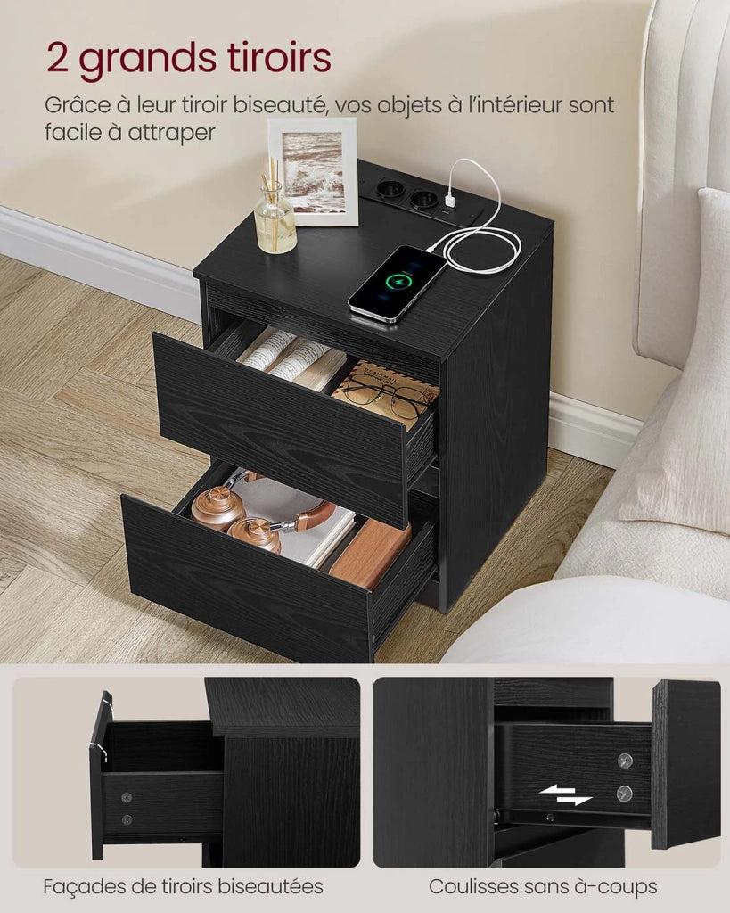 Comodino con multipresa tavolino con 2 cassetti 2 prese CA 2 porte USB-A per soggiorno camera da letto ufficio moderno nero 12_0007606