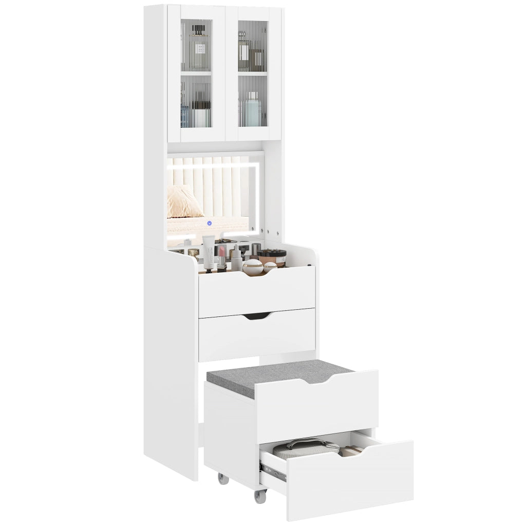 Toeletta Trucco con Specchio Illuminato e Sgabello, Luce Regolabile, Cassetti e Armadietto, Bianco