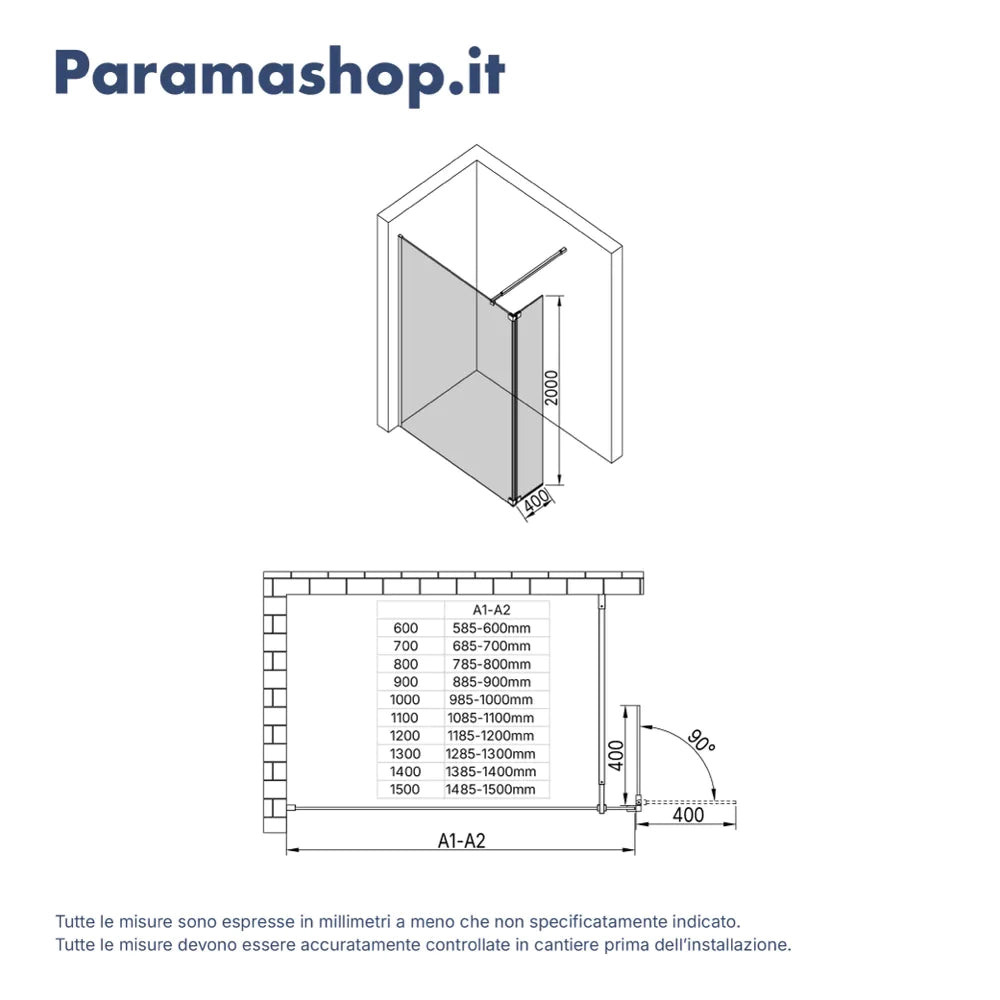 Anta girevole paraspruzzi 40cm vetro opaco profili cromati | Naxos