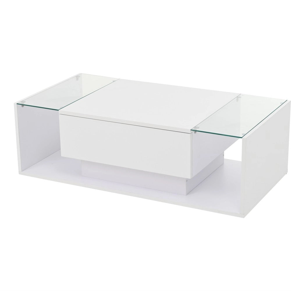 Tavolino da Caff¨¨ con LED e Cassetto ¨C MINIMAL ¨C Vetro Temperato Bianco Lucido 100x50x31