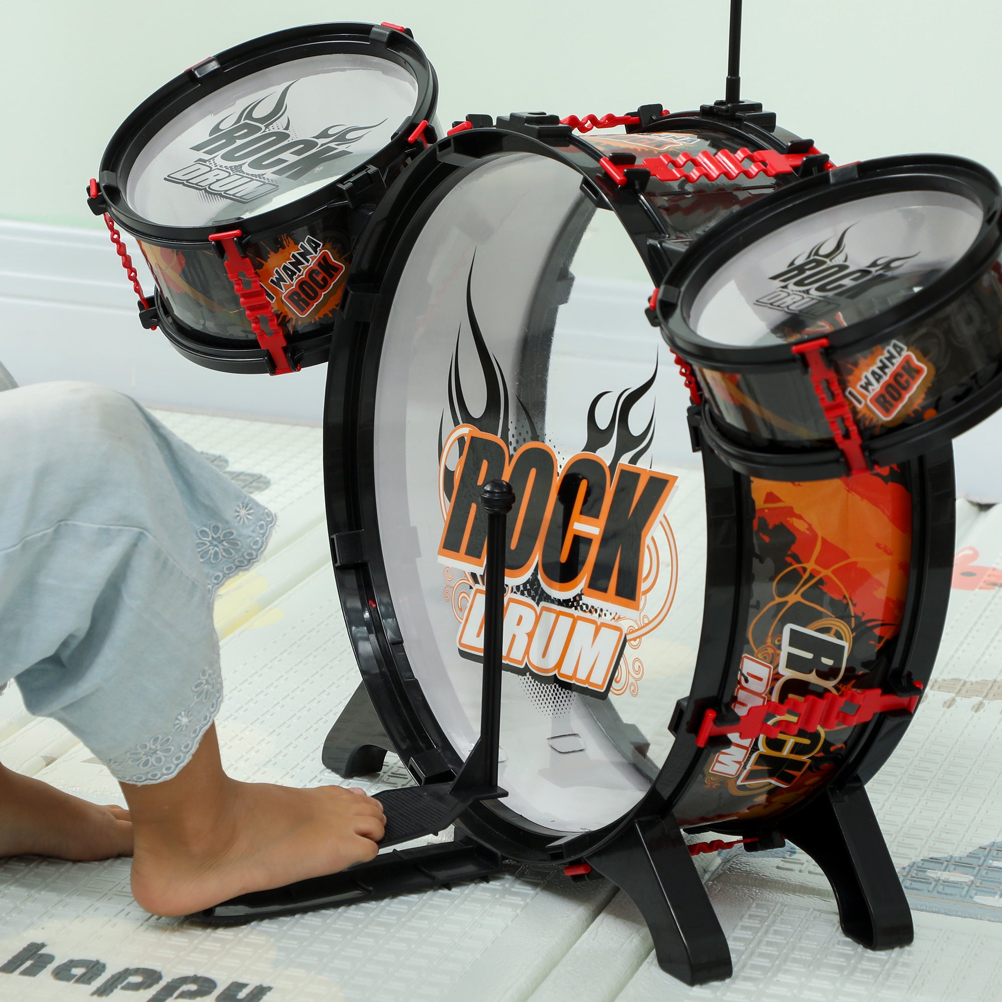 Batteria Giocattolo per Bambini con Sgabello Gioco Musicale in Plastica e Acciaio Inox Nero