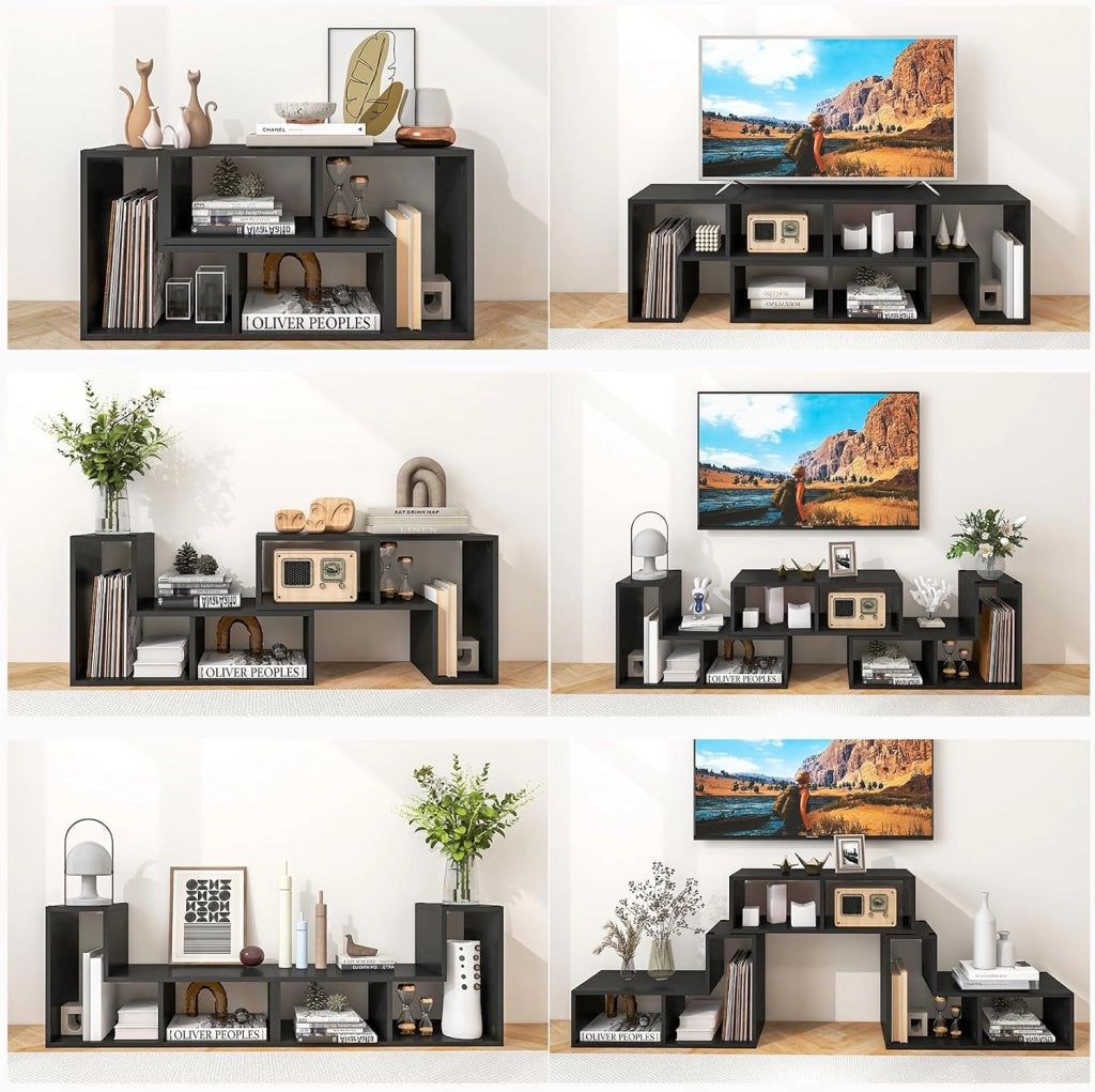 Mobile Porta TV Combinabile con Ripiani Aperti, per TV Fino a 65 Pollici, Mobile TV di Legno per Camera da Letto, Soggiorno, Capacità di Carico Massima 80 kg, 134-180 x 30 x 43 cm (Nero)