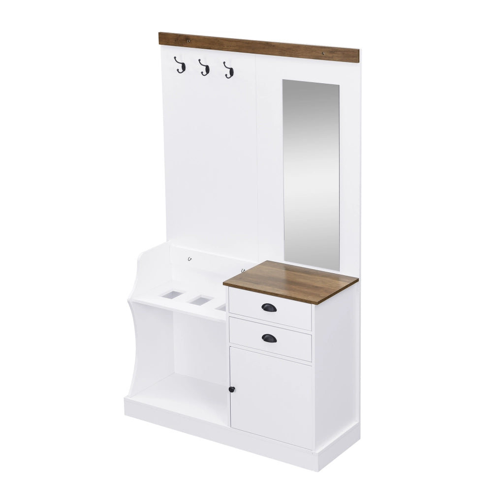 Set mobili da ingresso con specchio, 2 cassetti, anta, ganci e portaombrelli in pannello truciolare bianco