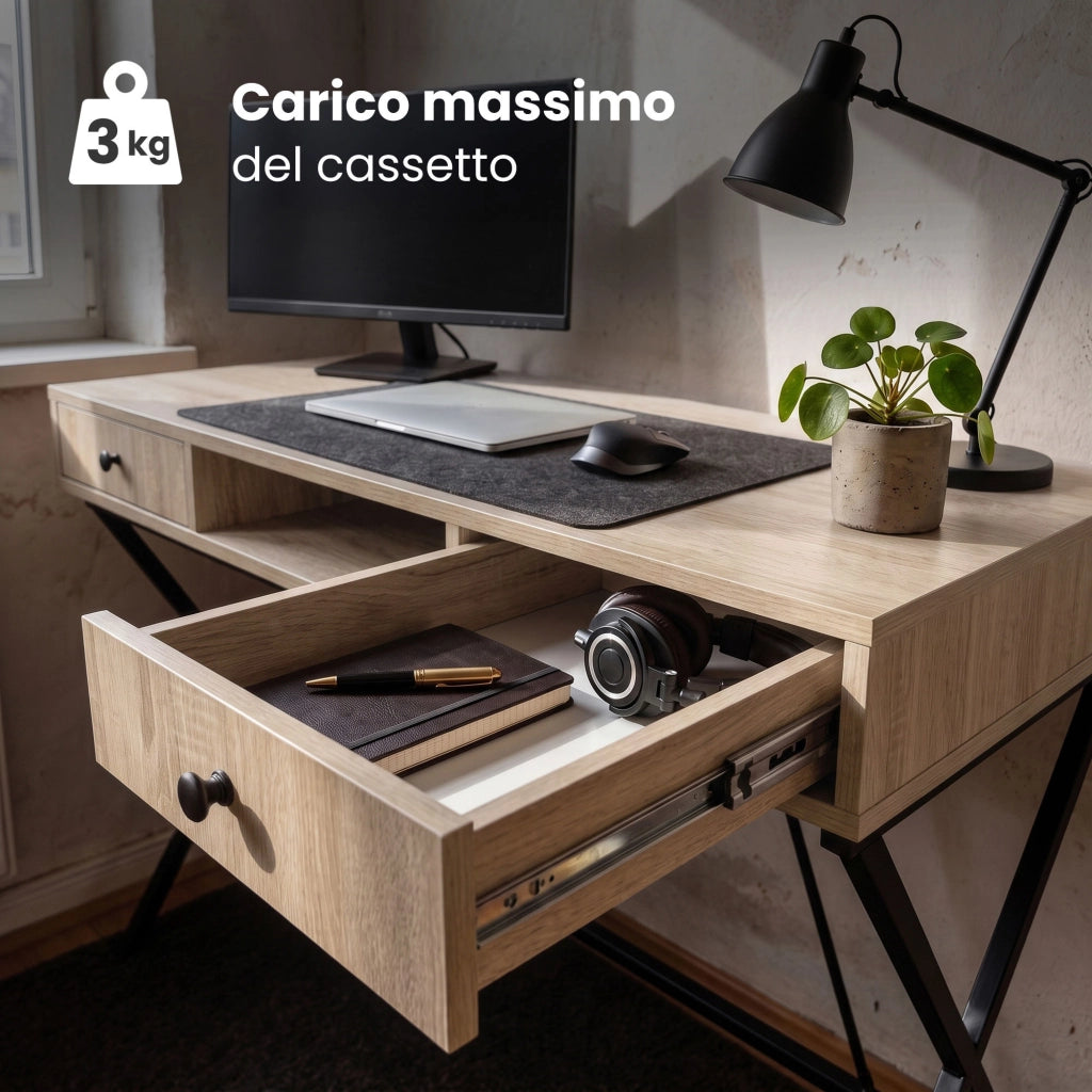 Scrivania PC industriale Rovere Sonoma CROSSLINE 120 cm 2 cassetti 1 ripiano gambe nere