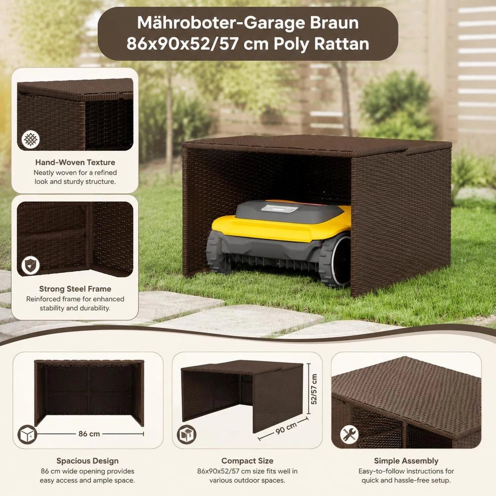 Robotic Lawnmower Garage, Brown, 86x90x52/57 Cm, Poly Rattan