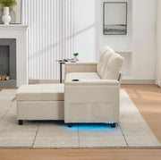 Divano letto pieghevole con contenitore; LED; USB e Type-C; tessuto beige