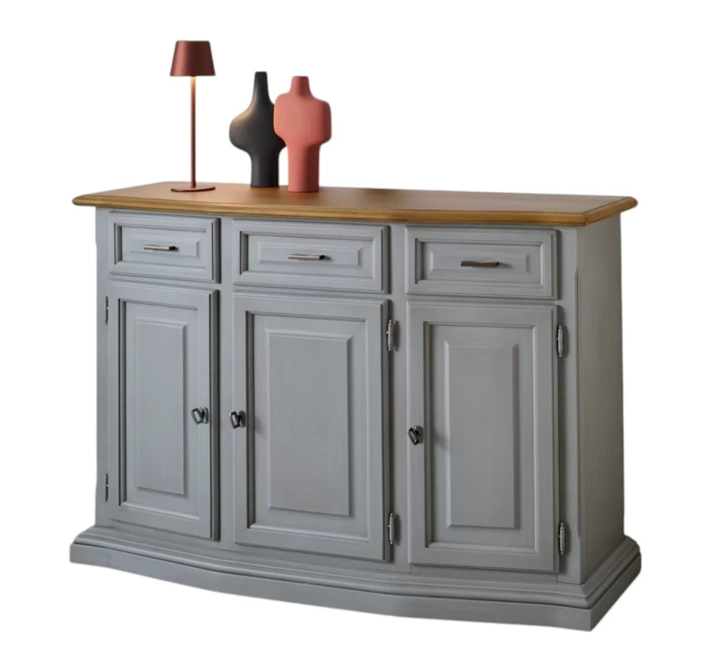 Madia credenza 3 porte 3 cassetti legno shabby grigio e noce 126x38x86 - Mobili 2G
