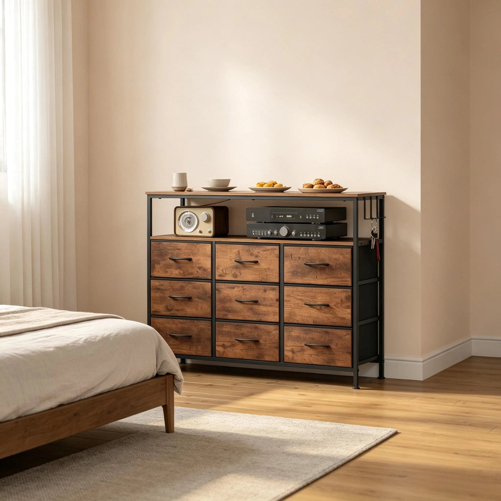 CASSETTIERA 110x85x30 cm in legno e metallo nero/marrone rustico con 9 cassetti