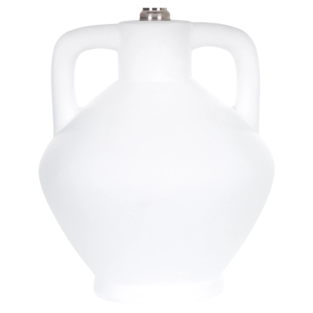 Lampada da tavolo in ceramica bianca con paralume a tamburo in lino base minimalista stile design contemporaneo