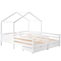 Letto a Casetta con 2 Cassetti su Ruote, Letto per Cameretta, Rete a Doghe, Senza Materasso, in Legno, 200×90 cm, Bianco