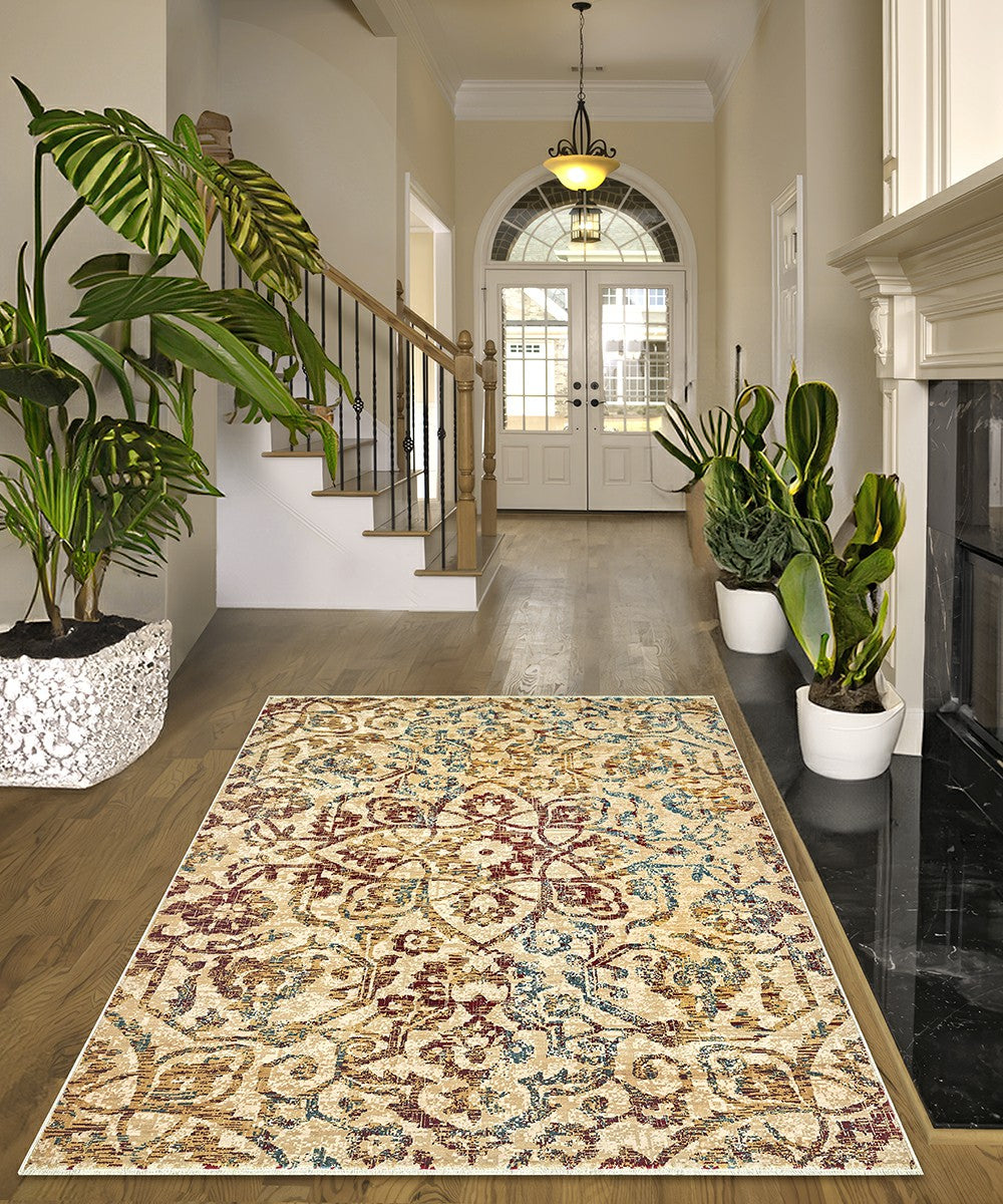 Tappeto KAZAKH 1529 beige e multicolore cm.70x300 stile orientale persiano alta qualità con effetto lucente