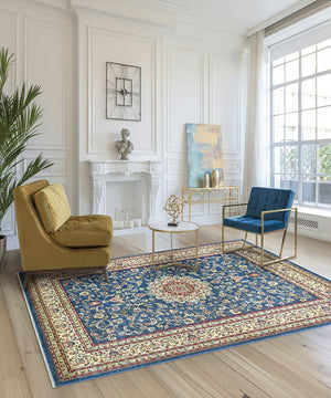 Parure di tappeti KAZAKH 2154 stile orientale persiano blu navy e beige tris scendiletto (1pz cm.80x150 + 2pz cm.60x120)