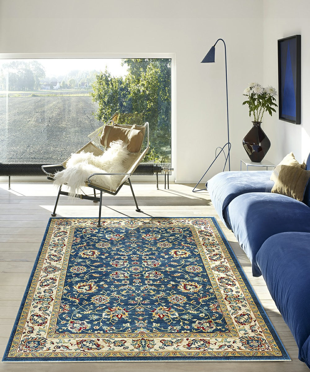 Parure di tappeti KAZAKH 1517 disegno classico persiano colore blu e beige tris scendiletto (1pz cm.80x150 + 2pz cm.60x120)