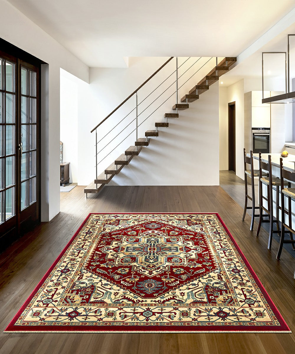 Tappeto KAZAKH 1535 rosso e oro cm.70x300 stile orientale persiano alta qualità con effetto lucente