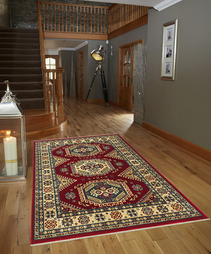 Tappeto KAZAKH 1351 rosso e oro cm.160x240 stile orientale persiano alta qualità con effetto lucente