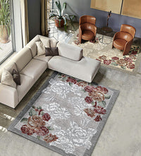 Tappeto floreale BLOOM GRIGIO disegno moderno con fiori, multiuso lavabile antiscivolo cm.115x175