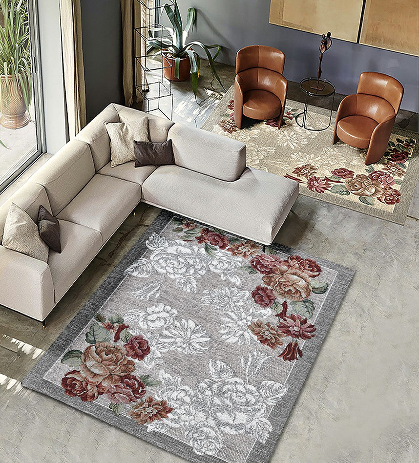 Tappeto floreale BLOOM GRIGIO disegno moderno con fiori, multiuso lavabile antiscivolo cm.115x175