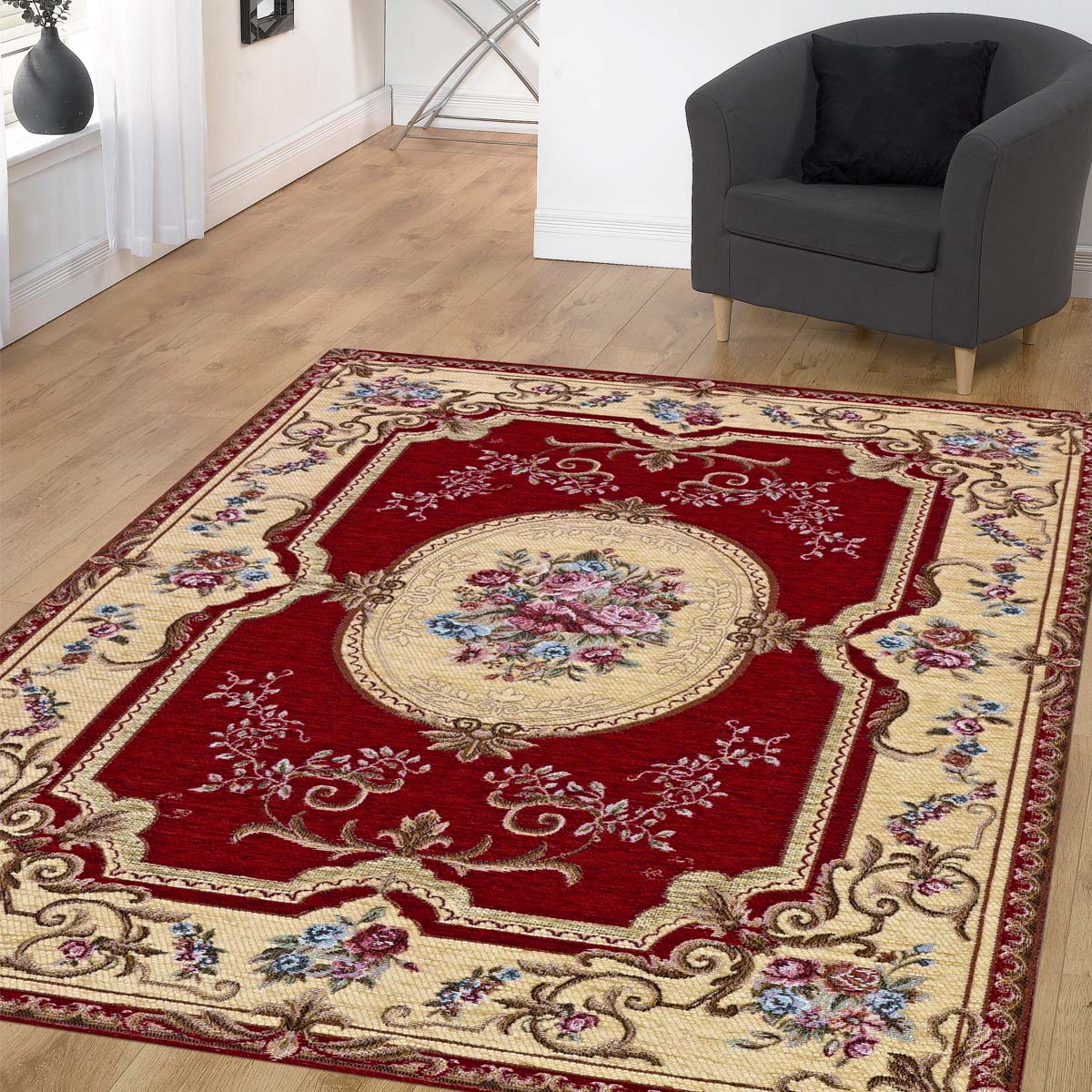 Tappeto AUBUSSON ROSSO in ciniglia multiuso lavabile antiscivolo cm.115x175