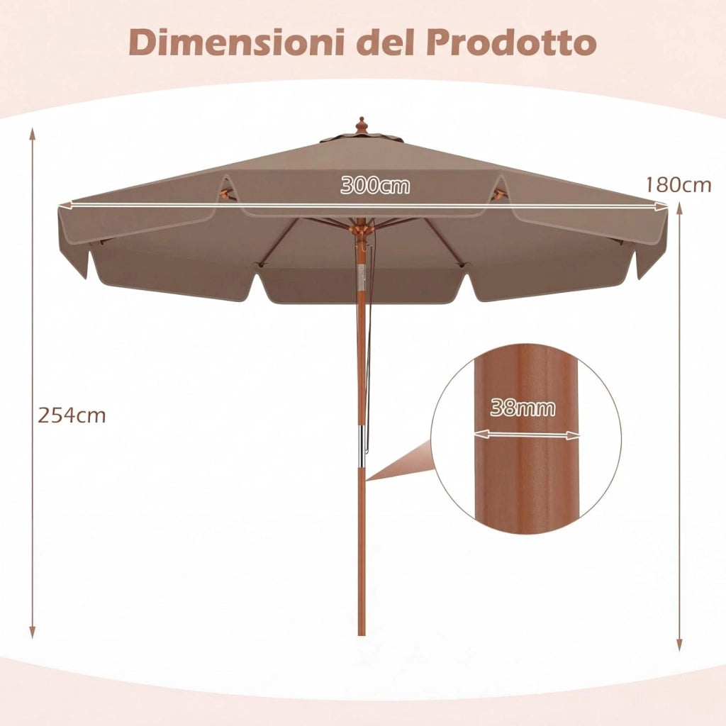 Ombrellone da Giardino 300 cm, con Inclinazione Regolabile, 8 Stecche, Ombrellone Spiaggia con Sollevamento a Carrucola, per Giardino, Spiaggia, Piscina (Marrone)