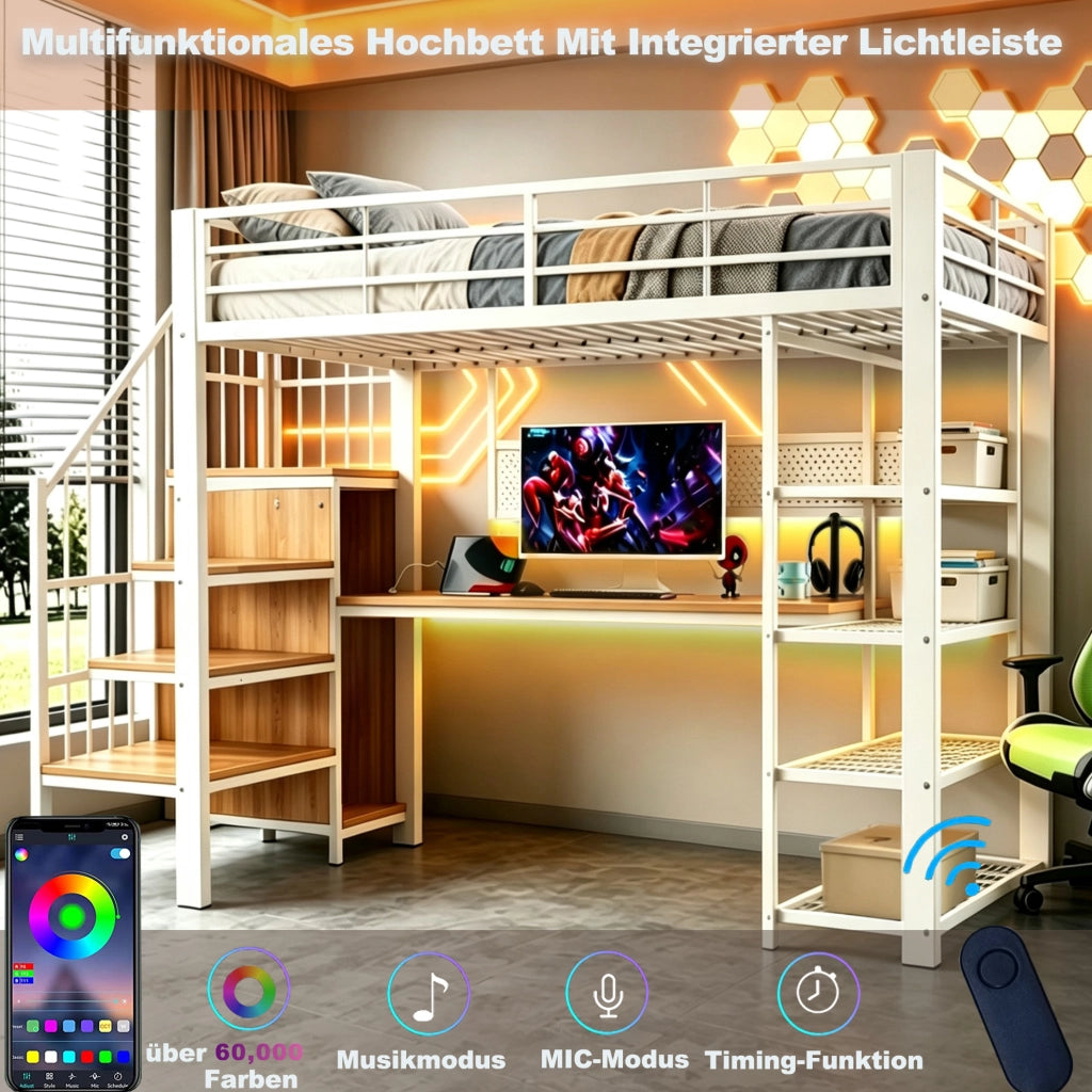 Letto a soppalco 90x200 cm con scrivania, LED e prese
