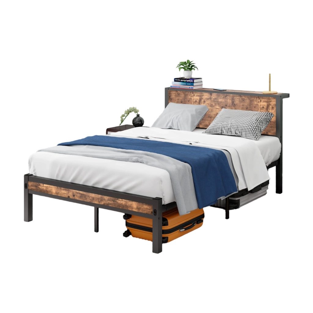 Letto 120x200 cm con contenitore e senza box spring in MDF e metallo; marrone antico