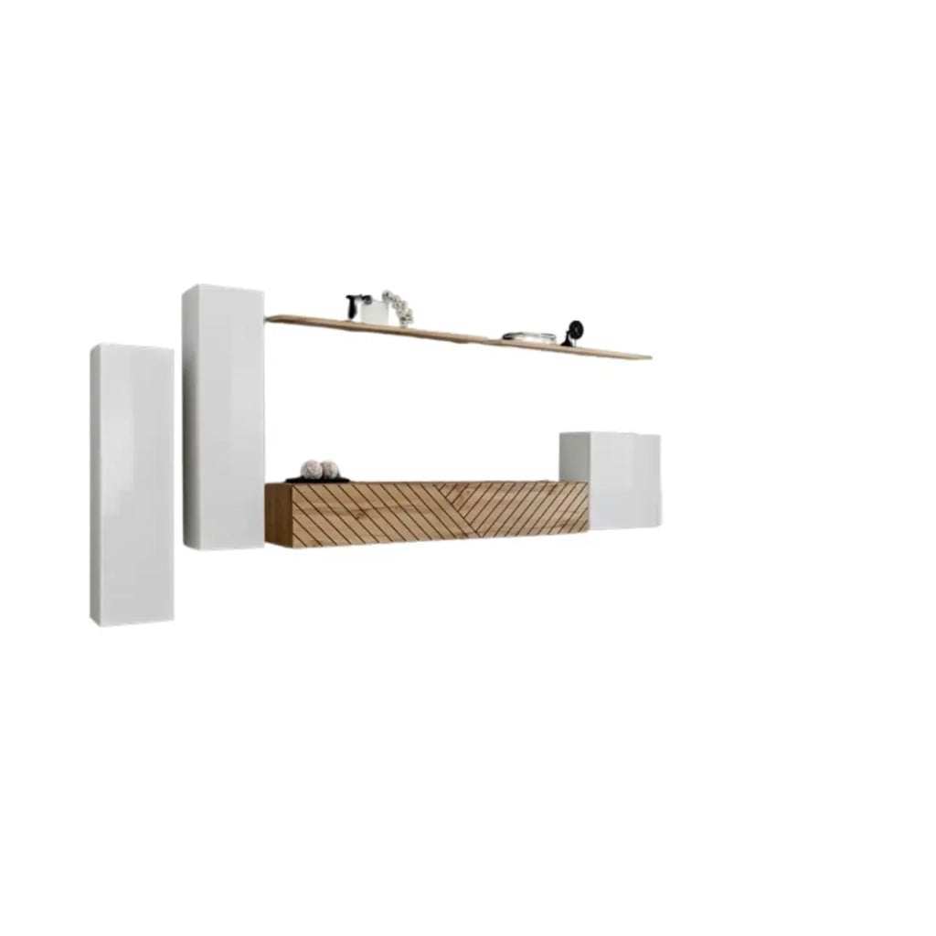 Insieme mobile soggiorno SWITCH I – Bianco e Rovere Wotan – Finiture effetto rovere fresato – Design moderno
