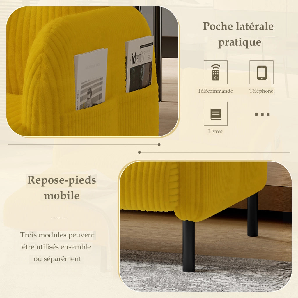 OKWISH Divano 2 Posti, Schienale Ergonomico, Tasca Laterale e Seduta Profonda, Velluto a Coste Giallo, 120 × 75 × 79 cm