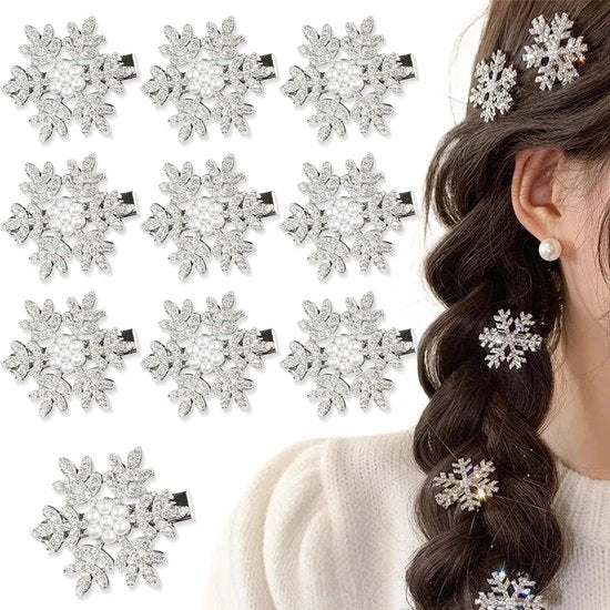 Set di 10 spille per capelli a forma di fiocco di neve per Natale, spille per capelli con pietre strass lucide, accessori per capelli glitter per donne e ragazze