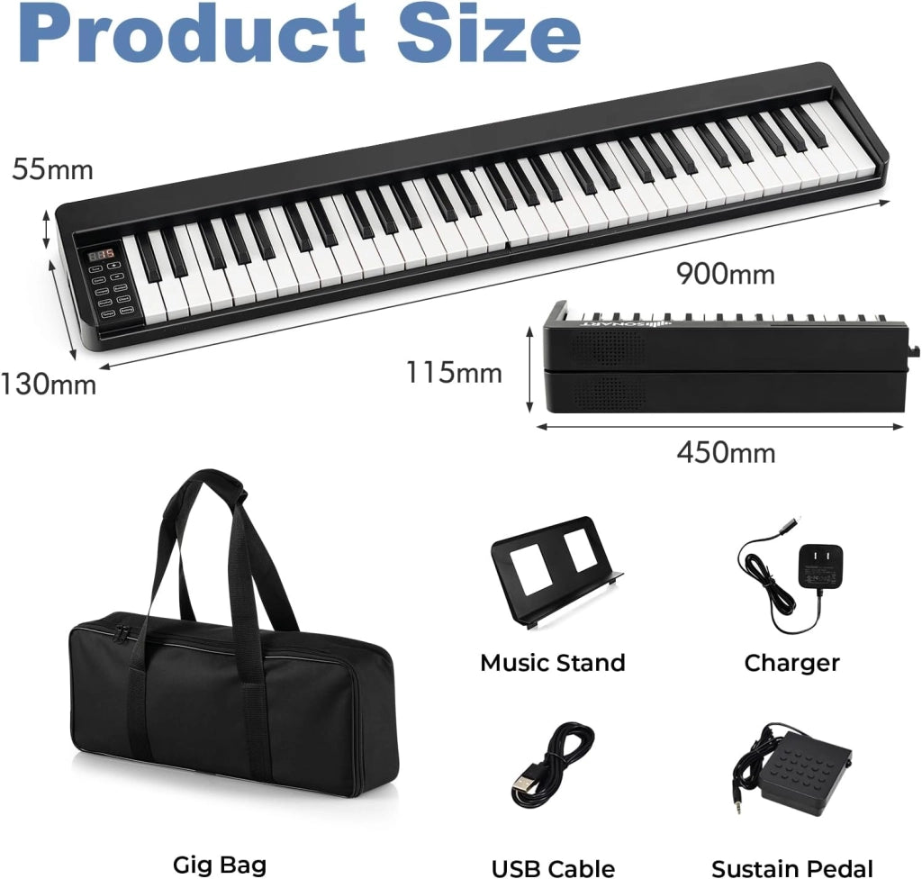 Pianoforte Digitale 61 Tasti Pieghevole con Display LED & Bluetooth, Tastiera Elettronica Multifunzionale per Principianti, Pianola Facile da Trasportare con Borsa per Pianoforte
