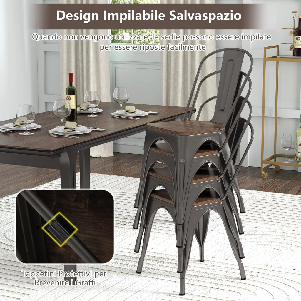Set di 4 Sedie da Pranzo Impilabili 53 x 44,5 x84 cm, Sedie da Bar con Schienale Alto, Struttura in Legno e Acciaio, Ideale per Balcone, Cortile e Ristorante (Bronzo)