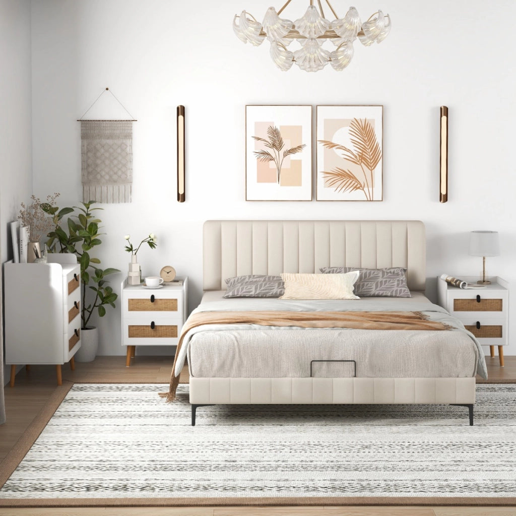 Comodino moderno con 2 cassetti gambe in legno massello stile boho, Tavolino laterale 45x40x57cm Bianco-Comodini