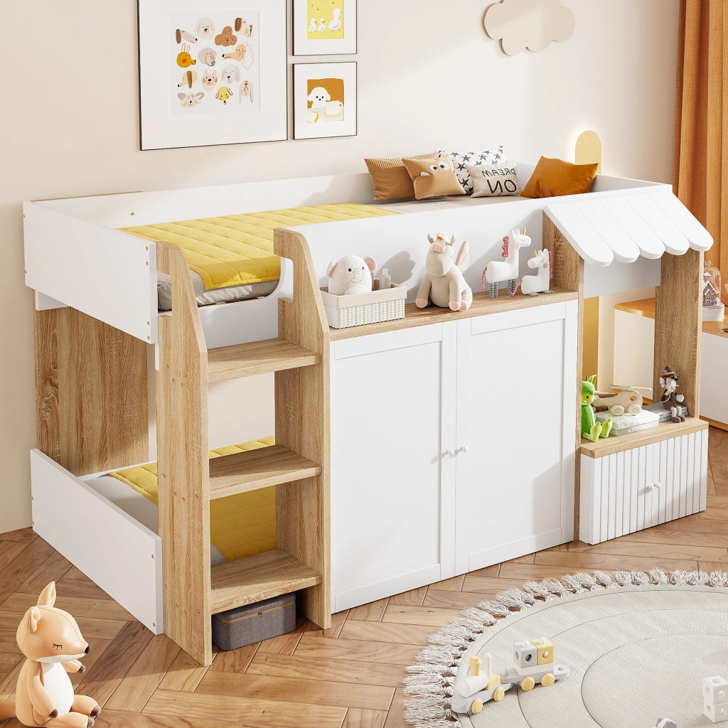 LETTO A CASTELLO 90x200 cm Casa Bianco+Legno con scala e vano inferiore