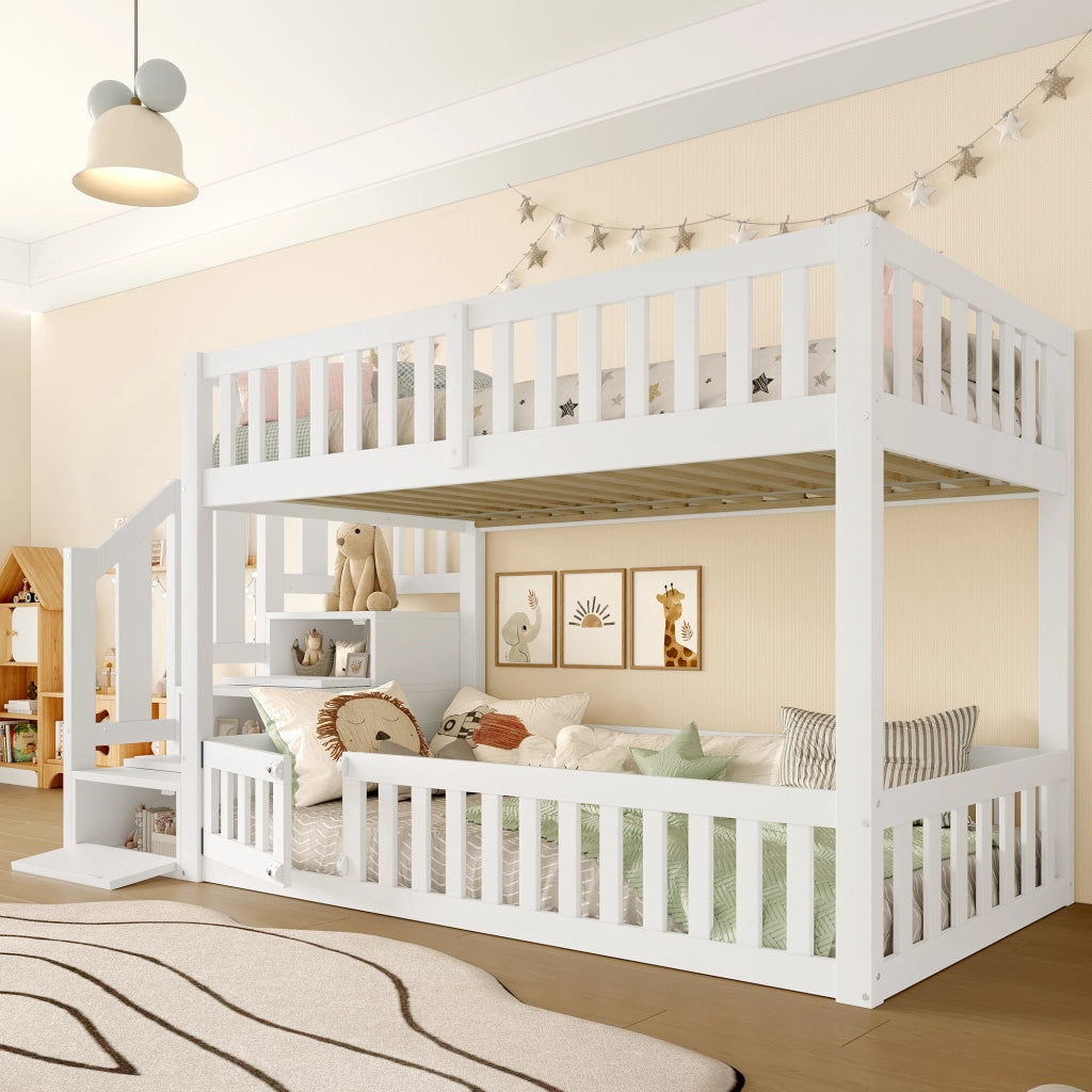 Letto a castello 90 × 200 cm con scala laterale e vano portaoggetti, senza materasso, in legno, bianco