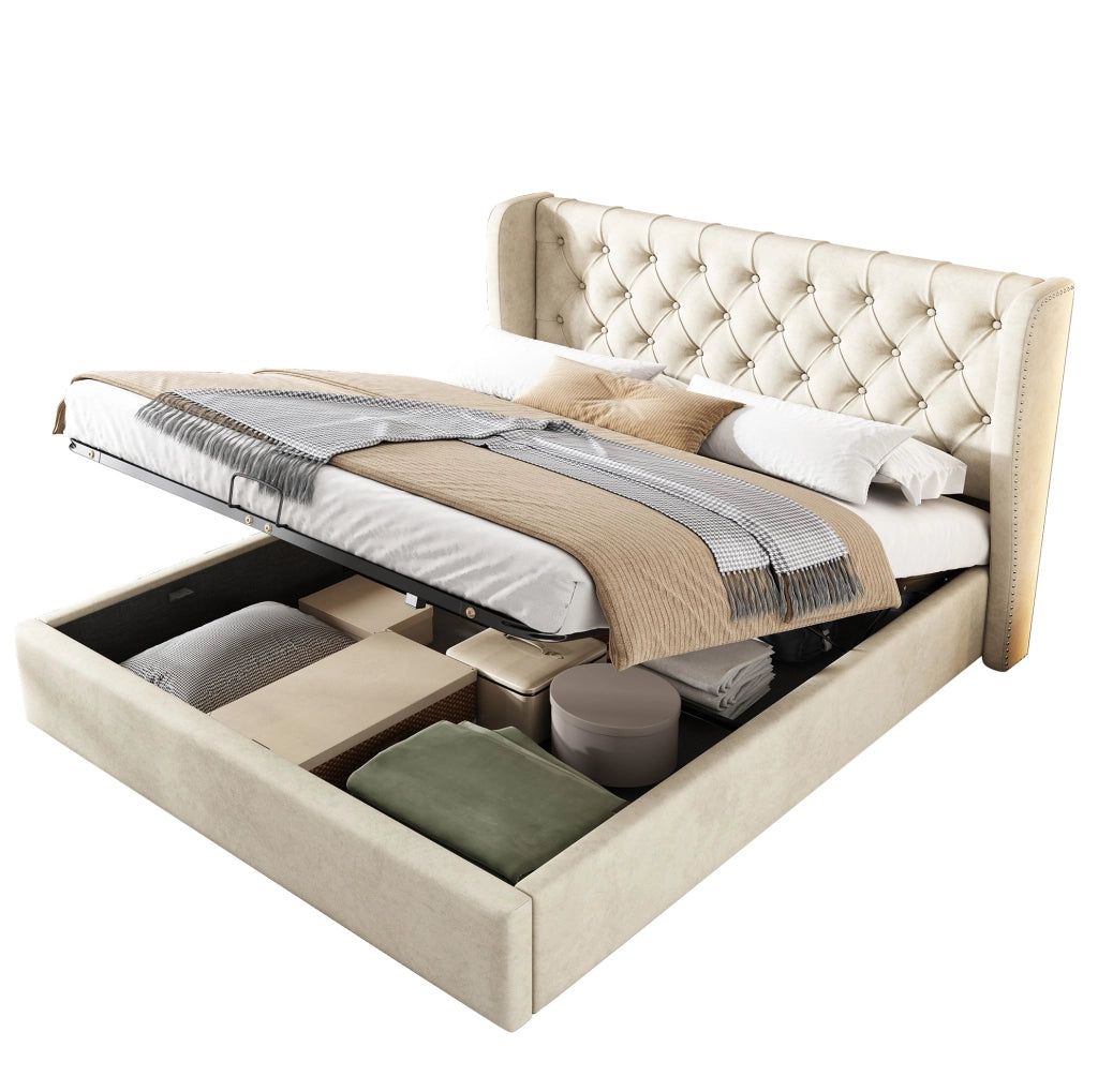 Letto matrimoniale imbottito stile Chesterfield 180x200 cm in velluto beige con contenitore