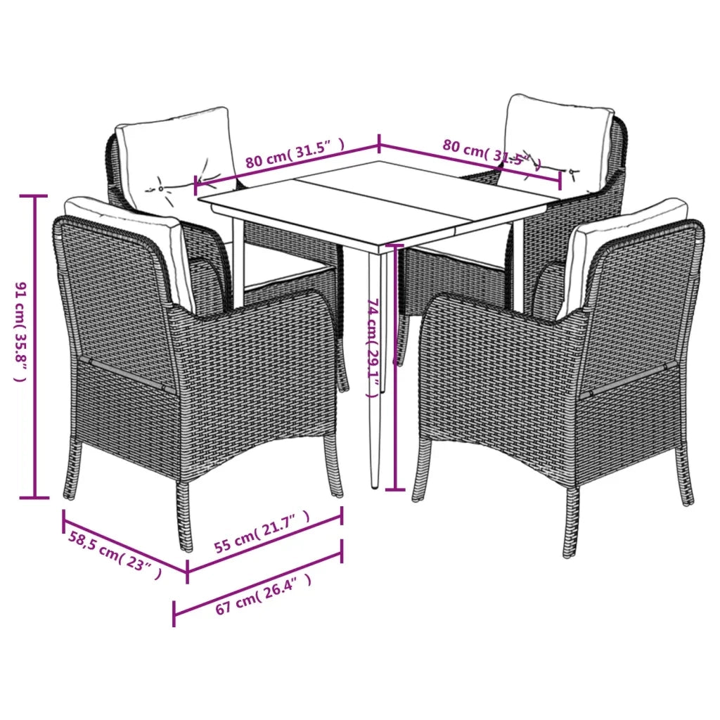 Set da Pranzo da Giardino 5 pz con Cuscini in Polyrattan Grigio