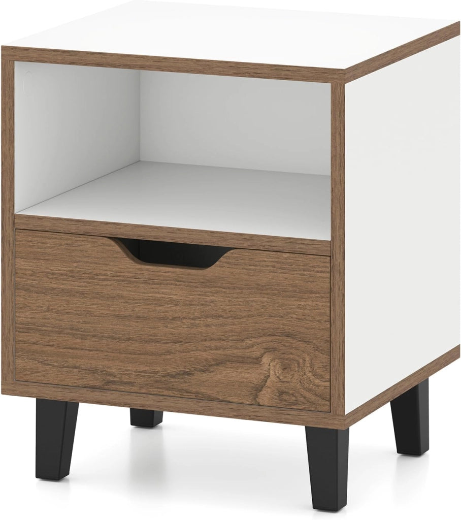 Comodino in legno, comodino con cassetto e ripiano aperto, gambe in metallo, 37 x 33 x 44 cm, tavolino ausiliario per soggiorno, camera da letto
