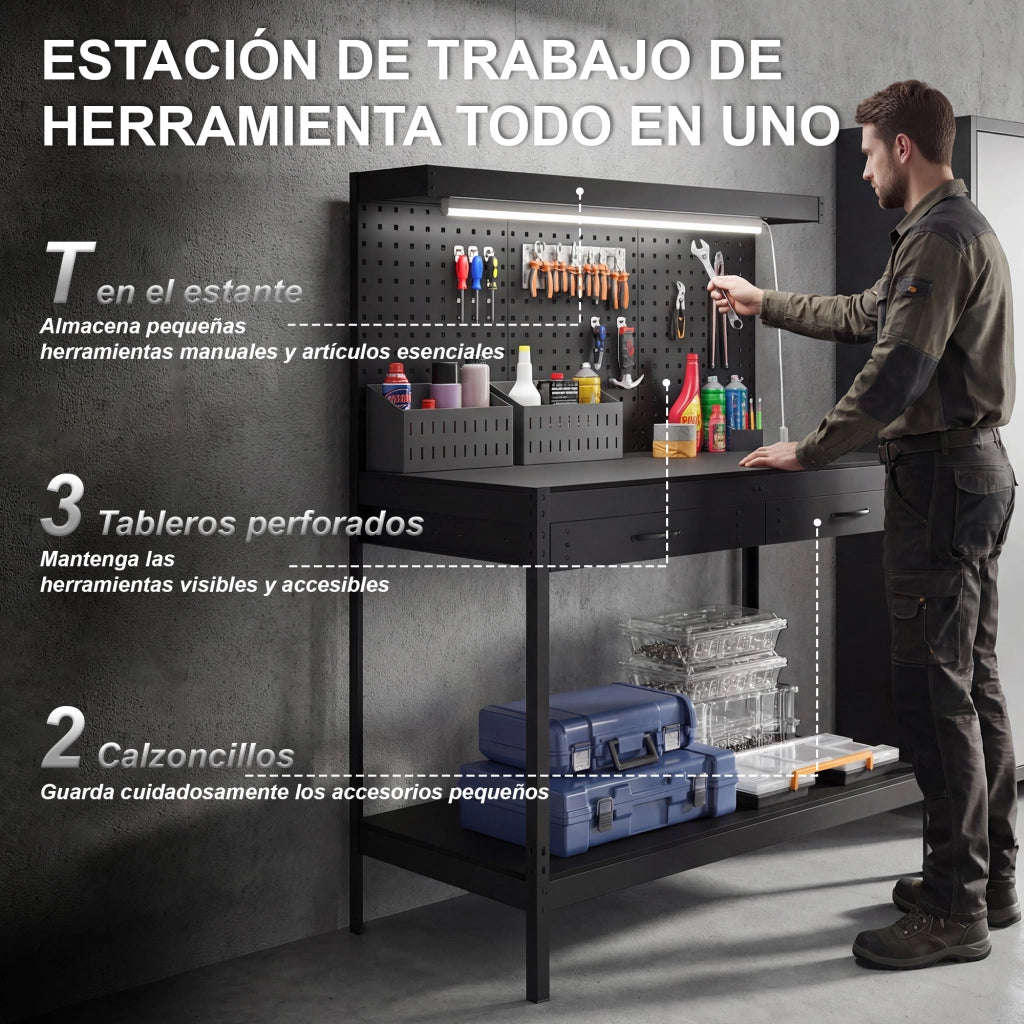 Banco da Lavoro con Cassetti, Luce LED e Presa Elettrica ¨C Zephmum ¨C Nero 110x60x150 cm