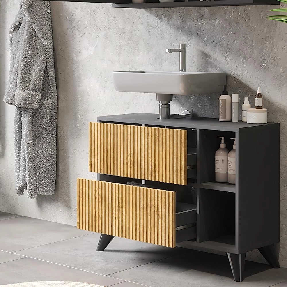 Mobiletto per lavabo Leano, Antracite/quercia di montagna, 80 x 62 cm con 2 cassetti, adatto per la conservazione di articoli da bagno e asciugamani