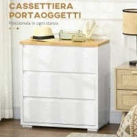 Cassettiera a 3 Cassetti in Truciolato Bianco per Camera da Letto, Studio e Soggiorno, 70Lx37x75cm