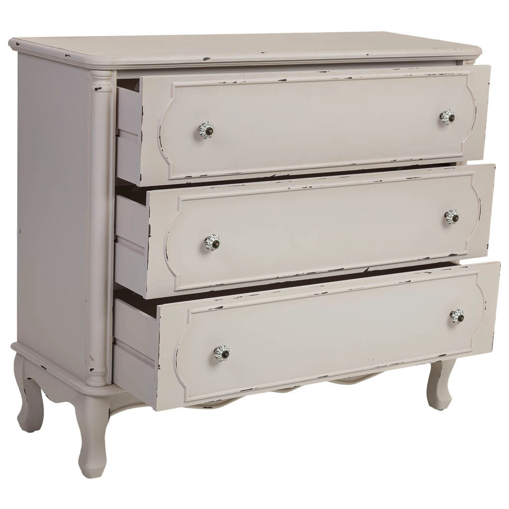 Comò in legno bianco invecchiato con 3 cassetti 100x38x86,5h cm