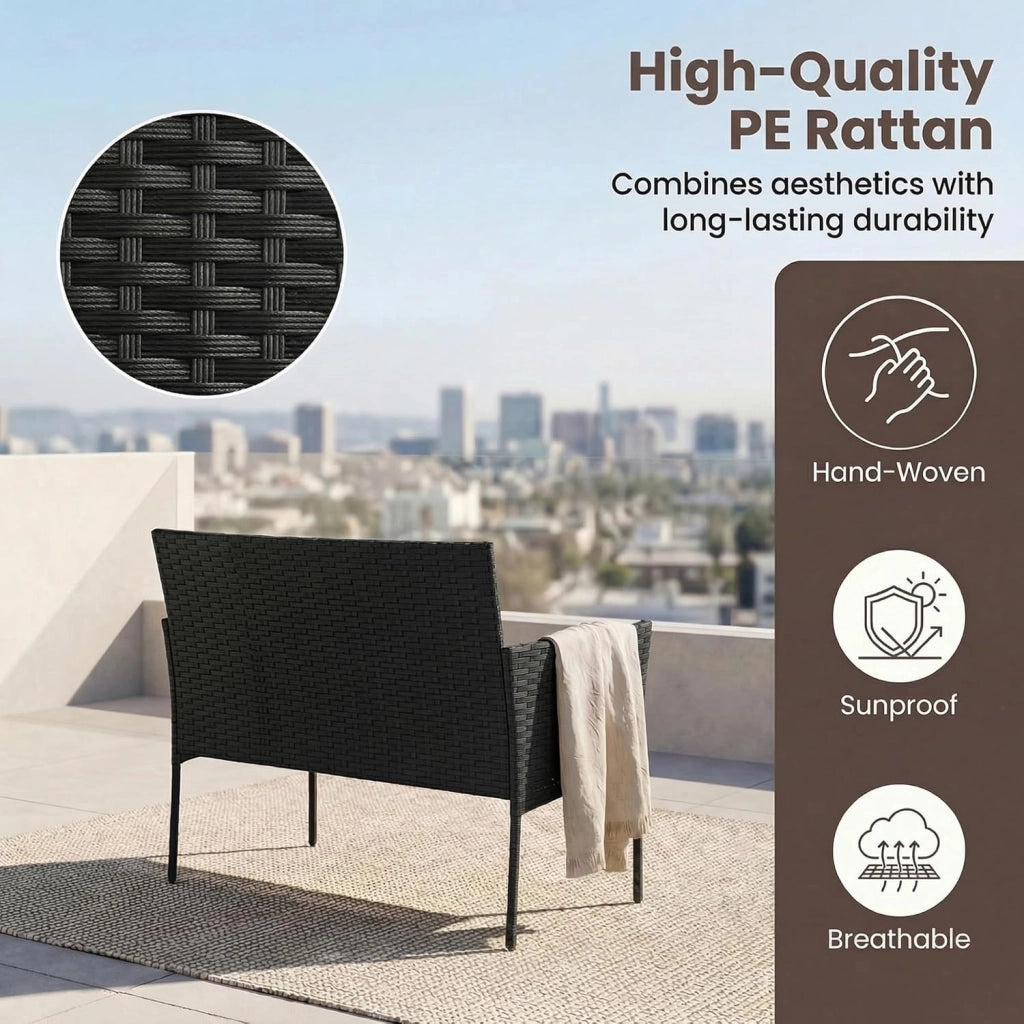 Salotto da Giardino Esterno 4 Pezzi, Set da Esterno in Rattan con Tavolino con Piano in Vetro, Divano 2 Posti e 2 Poltrone, Set da Conversazione con Cuscini per Patio, Balcone e Terrazzo (Nero)