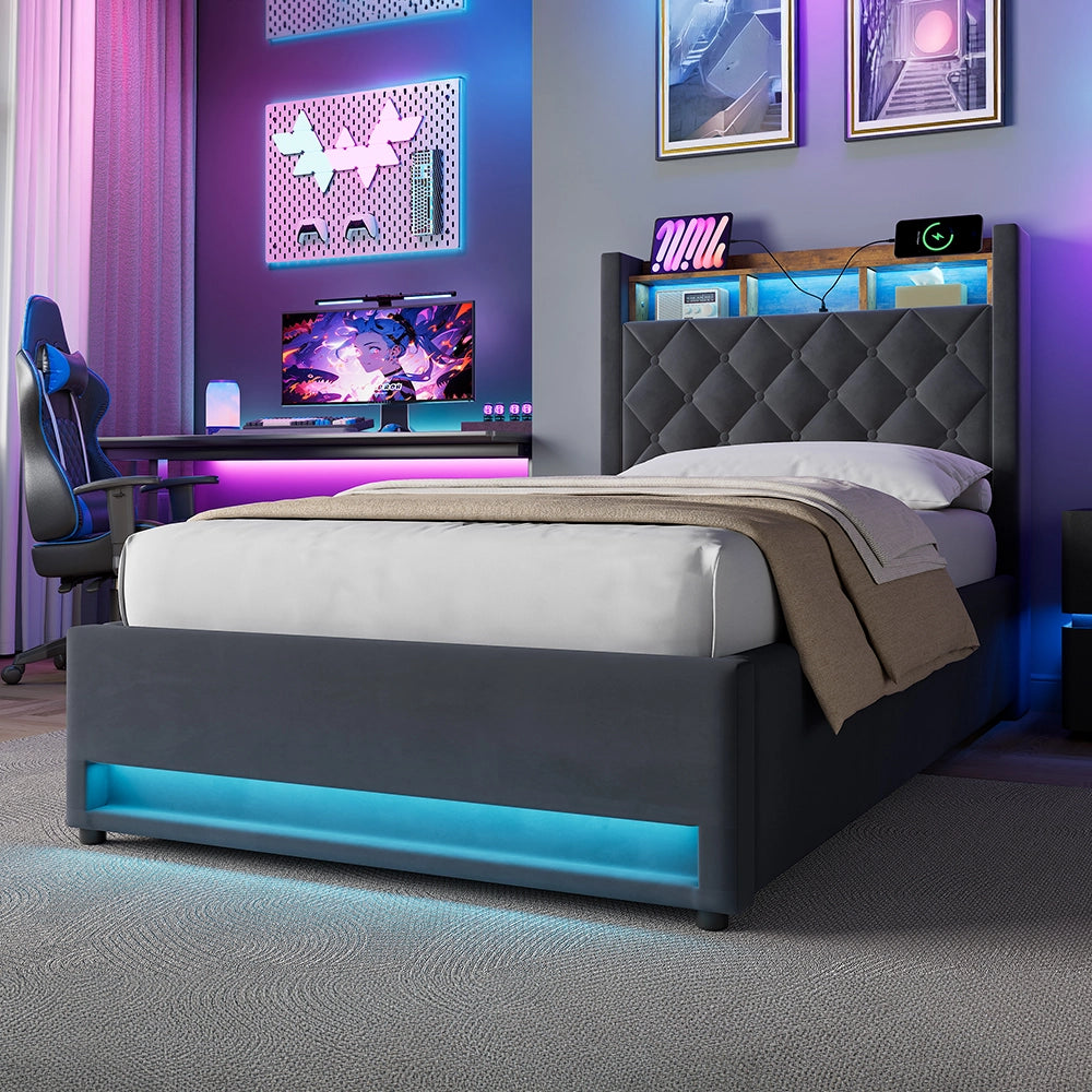 LETTO Imbottito 90 x 200 cm in Velluto Grigio con LED, USB e Contenitore