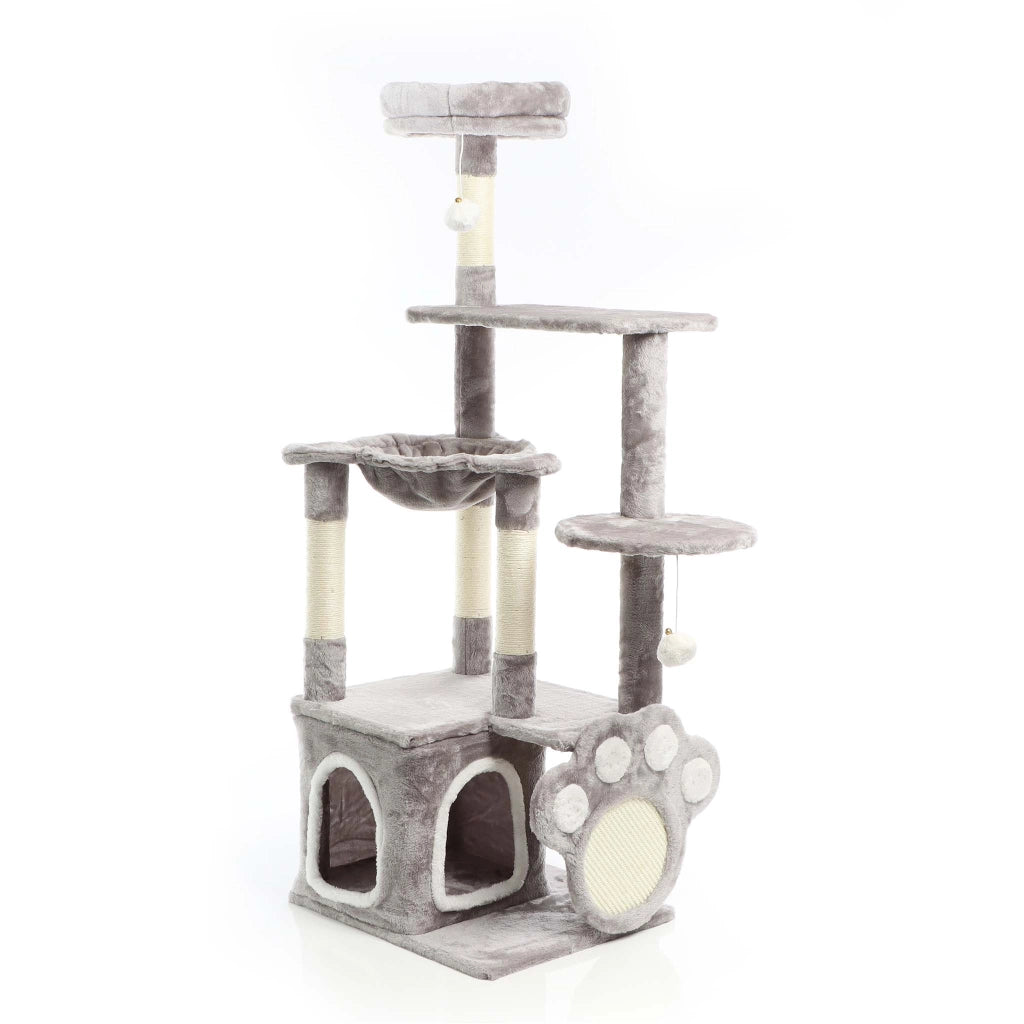 Fudajo Albero tiragraffi grigio con zampa 135cm Con sisal e casetta Cuccia per gatti Nicchia