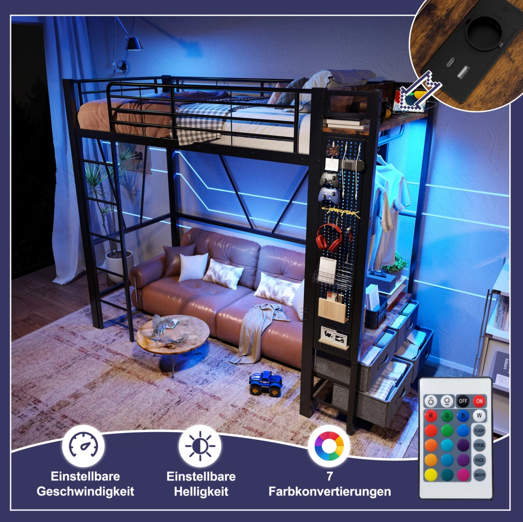 Letto a soppalco 90x200 cm con cassetti, LED e prese nero