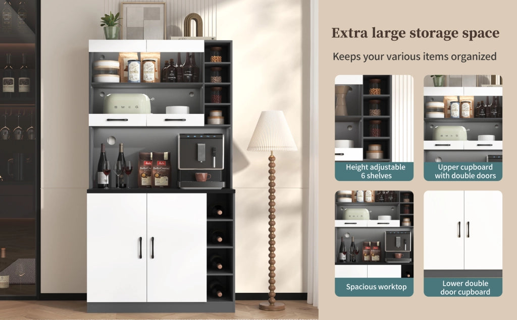 Credenza cucina 100x47x187 cm con illuminazione LED; vetro rinforzato; MDF; grigio bianco